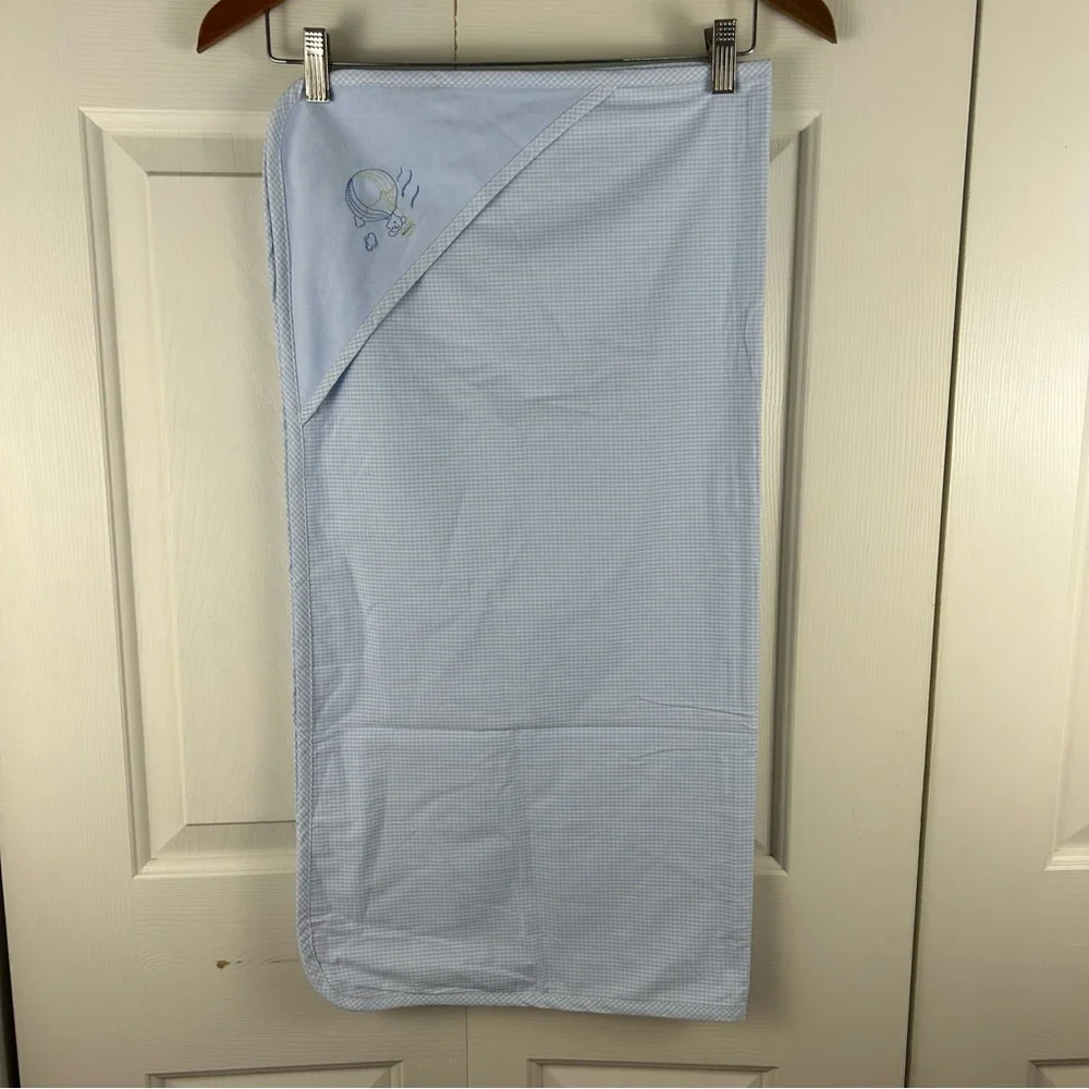 RN 59478 Teddy Bear Hot Air Balloon Hooded Towel Blanket Blue Gingham Plaid